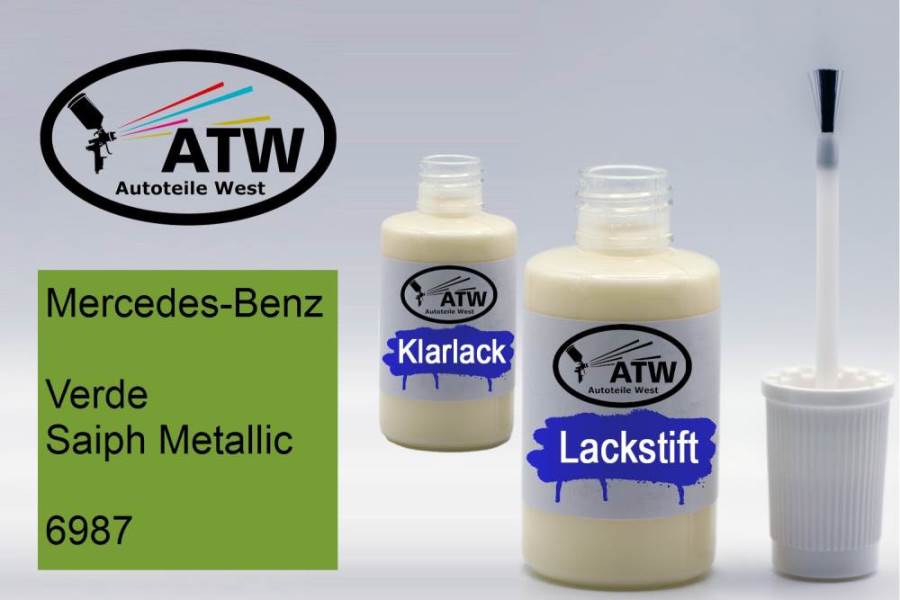 Mercedes-Benz, Verde Saiph Metallic, 6987: 20ml Lackstift + 20ml Klarlack - Set, von ATW Autoteile West.